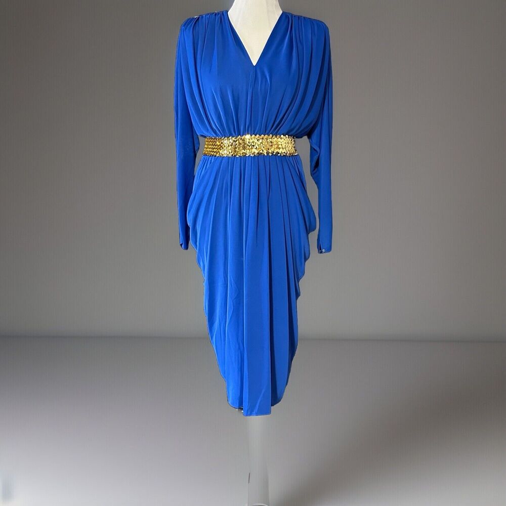 Vintage 80s Coctail Dress Blue Medium Sequin Belt Long Sleeve Shoulder Pad Pleat